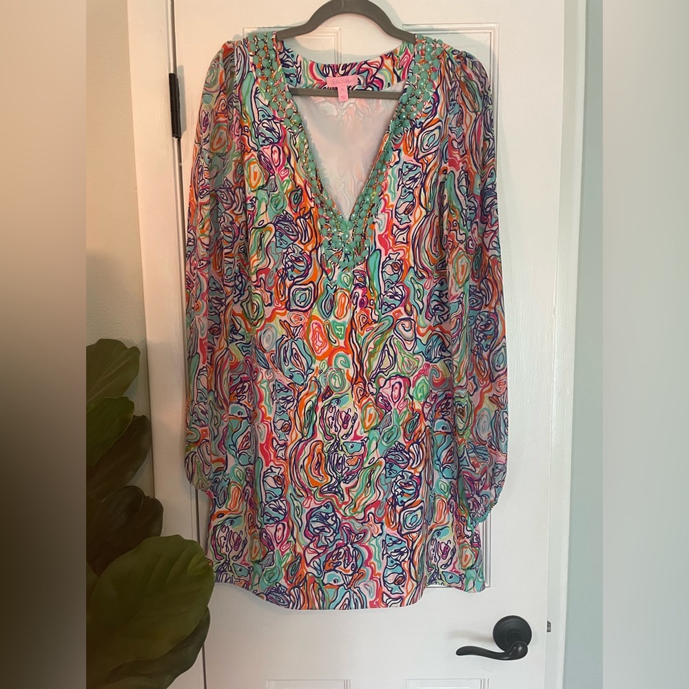 Lilly Pulitzer Tunic Dress with Beautiful Beading, multi color, size 10